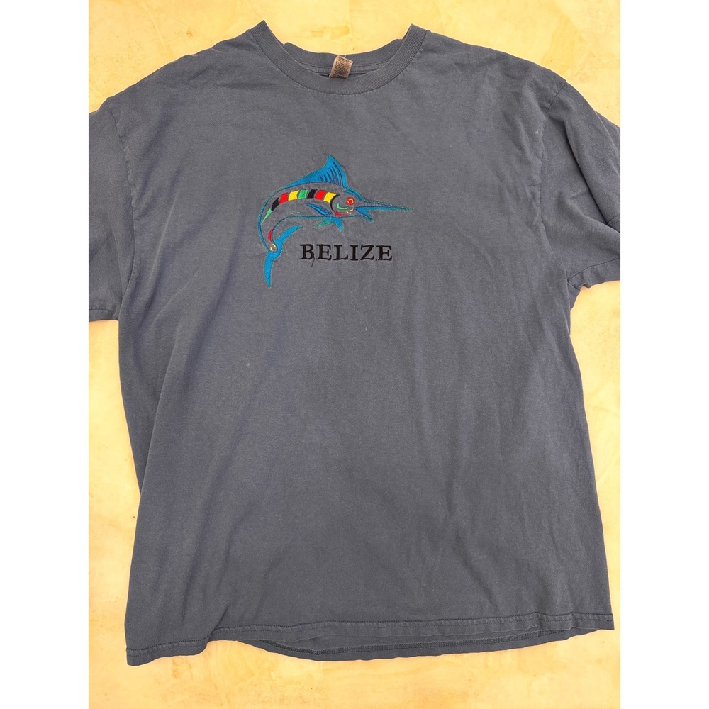 Gildan Belize Marlin Fish Souvenir T-Shirt Mens XL Blue Embroidered Short Sleeve
